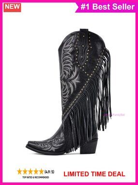 Wide Calf Knee High Faux Leather Cowboy Boots Fringe Block Heel